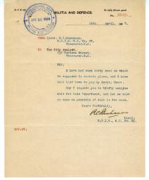 Letter to Vance from R.C. Buchanan, Lieutenant, Militia and Defence Office