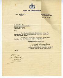 Letter to A. Grundy, Chief Constable from Vance