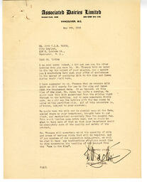 Letter to Vance from General Manager, Associated Dairies Limited, Vancouver: 08-May-39