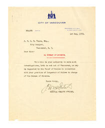 Letter to Vance from [illegible], Medical Health Officer: 01-May-33