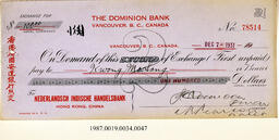 Cancelled Cheque, 1931 - Hong And Lee Chong Collection
