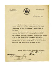 Letter to Vance from Fred Hudson, Health Department: 01-Feb-27