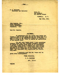 Letter to Cameron, Chief Constable, Vancouver from C.H. Harrison, Victoria: 10-May-33