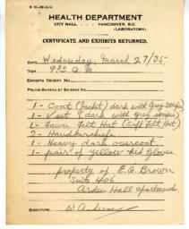 Certificate and Exhibits Returned - Health Department: 27-Mar-35