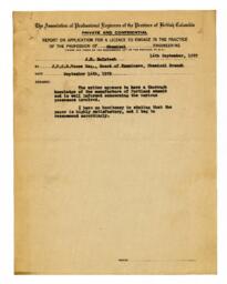 Report on Application for a License to Engage in the Practice of the Profession of Chemical Engineering for J.H. Mclntosh