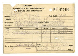BC Police Certificate of Registration Rifles and Shotguns: 13-Sep-40