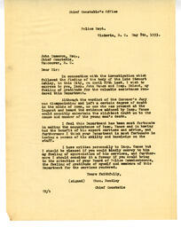 Letter to John Cameron Chief Constable from Thomas Heatley, Chief Constable, Victoria: 08-May-33