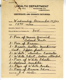 Certificate and Exhibits Returned - Health Department: 15-Dec-43