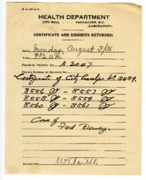 Certificate and Exhibits Returned