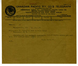 Telegram to 19th Co. Canadian Army Service Corp from Parke Davis Co.: 21-Apr-17