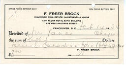 Receipt from F. Freer Brock, Insurance to Vance: 14-Feb-34