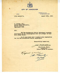 Letter to A. Grundy, Acting Chief Constable from Vance: 10-Aug-36
