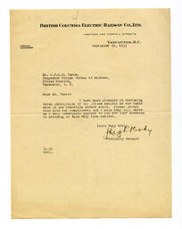 Letter to Vance, from Publicity Manager of British Columbia Electric Railway Co.: 29-Sep-33