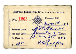 Melrose Lodge No. 67 membership card: 01-Nov-52