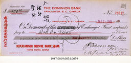 Cancelled Cheque, 1931 - Hong And Lee Chong Collection