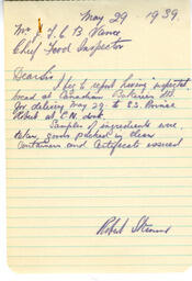 Inspection letter to Vance from R. Skinner, Food Inspector, Health Department: 31-May-39