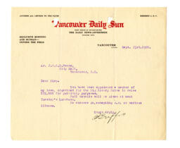 Letter to Vance, from Vancouver Daily Sun: 23-Sep-20