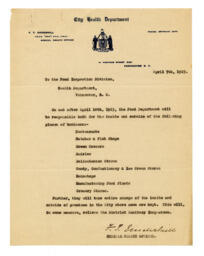 Letter to the Food Inspection Division, Health Department from F.T. Underhill, Medical Health Officer: 07-Apr-25