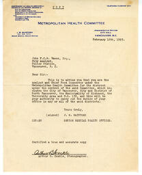 Letter to Vance from J.W. McIntosh, Metropolitan Health Committee: 16-Feb-37
