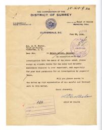 Letter to Cloverdale Chief Constable, from Vancouver Chief of Police