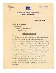 Letter to J.H. McMullin, Commissioner, BC Police Force from Vance: 29-Aug-34
