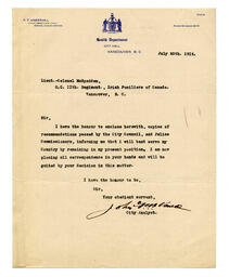 Letter to Lieut. Colonel McSpadden, from Vance: 20-Jul-16