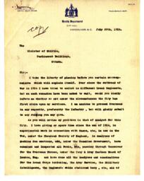 Letter to Minister of Militia, Ottawa from Vance: 29-Jul-16