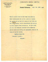 Letter from J. Argall, Kamloops Mines Ltd.: 07-Sep-06