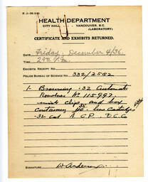 Certificate and Exhibits Returned - Health Department: 04-Dec-36