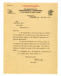 Letter to Vance, from E.H. Wheatley, Registrar of the Association of Professional Engineers: 23-May-21