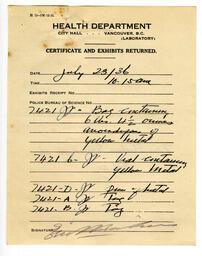 Certificate and Exhibits Returned - Health Department: 23-Jul-36