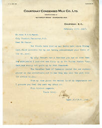Letter to Vance from E. G. Emery, Courtenay Condensed Milk Co.: 13-Feb-18