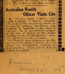 Newspaper clipping, "Australian Health Office Visits City"