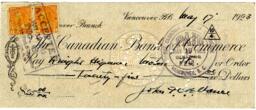 Cheque from Canadian Bank of Commerce signed by John Vance to Knight, Higman Motors Ltd.: 17-May-23