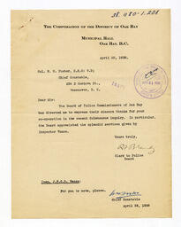 Letter to Col. W.W. Foster, Chief Constable, from Clerk to the Police Board: 20-Apr-38