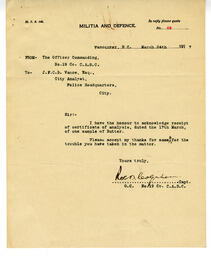 Letter to Vance from Captain, O.C. No 19 Co, Canadian Army Service Corps.: 24-Mar-17
