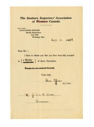 Letter of Membership acceptance to the Sanitary Inspector's Association: 21-Sep-18