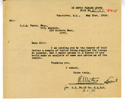 Letter to Vance from R. Waters, Lieutenant for O.C. No. 19 CO. C.A.S.C.: 21-May-18