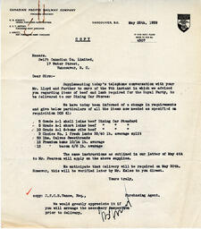 Letter to Swift Canadian Co. from CPR Purchasing Agent: 25-May-39