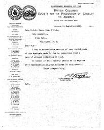 Letter to Vance from BC Society for the Prevention of Cruelty to Animals: 22-May-13