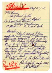 Inspection letter to Vance from J.K. Smith, Food Inspector, Health Department: 29-May-39