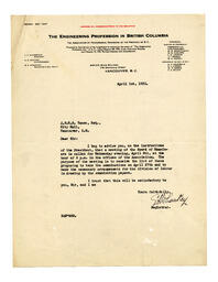 Letter to Vance from E.A. Wheatley, Registrar, Professional Engineers of BC: 01-Apr-31