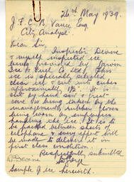 Inspection letter to Vance from R.P. Devine and S.W. George, Food Inspectors, Health Department: 26-May-39