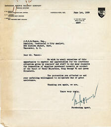 Letter to Vance from S.V.T. Jeffrey, Purchasing Agent, CPR: 01-Jun-39