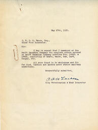 Inspection letter to Vance from A.A.M. Lachlan, City Veterinarian & Meat Inspector: 27-May-39