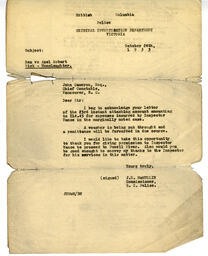Letter to John Cameron Chief Constable from J.H. Mullin, Commissioner, BC Police: 24-Oct-33