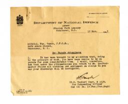 Letter from Department of National Defence