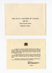 Social Register of Canada reply card for Copy of First Edition of: [1959-1960]