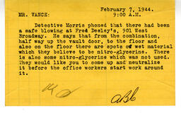 Note to Vance from Detective Morris, Vancouver Police: 07-Feb-44