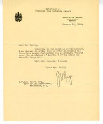 Letter to Vance from J.H. King, National Health: 10-Jan-30